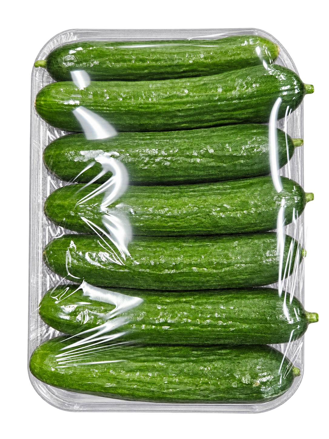 Mini cucumbers in a clear wrapped tray